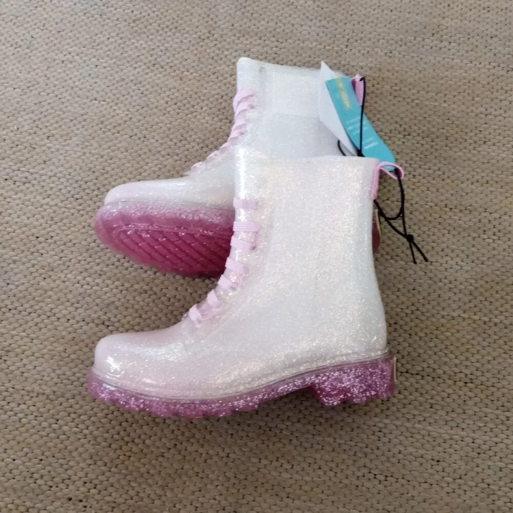 Western Chief Girl's Shimmer Glitter Lighted Combat Boots (Sz-11) Iridescent NEW
